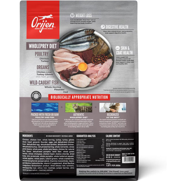 Orijen pet food package with ingredients and health benefits listed on a white background
