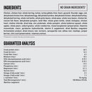 Ingredients and guaranteed analysis for a pet food product on a white background