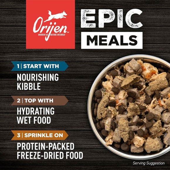 Orijen Epic Meals promotional graphic with a bowl of pet food on a dark background