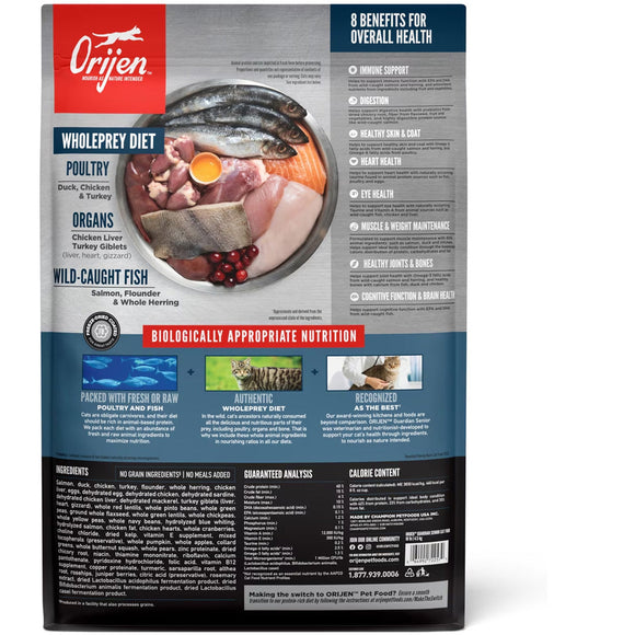 Orijen pet food packaging with ingredients and benefits listed