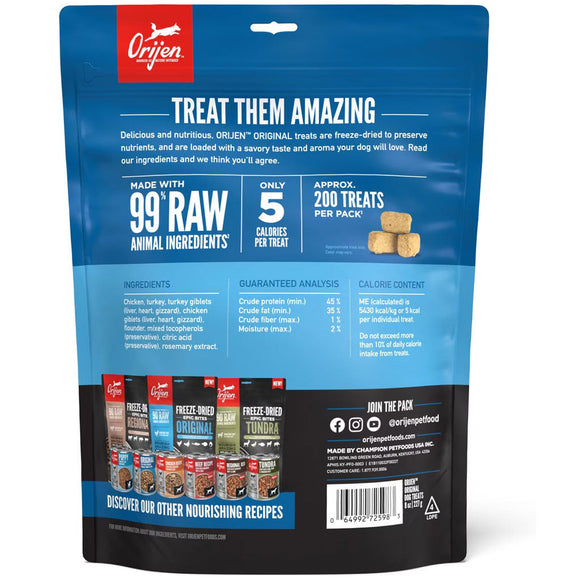 Orijen dog treat package with blue and black design
