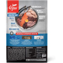 Orijen dog food package with ingredients and health benefits on a white background