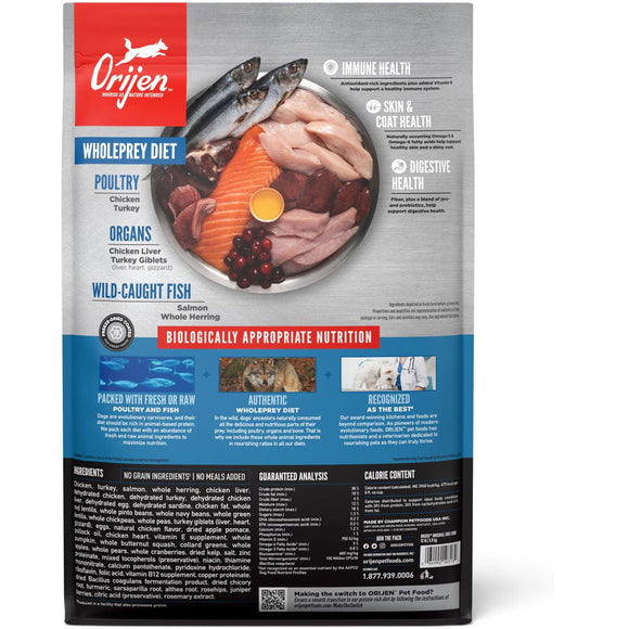Orijen dog food package with ingredients and health benefits on a white background