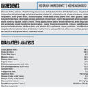 Dog food ingredient list and guaranteed analysis chart on a white background