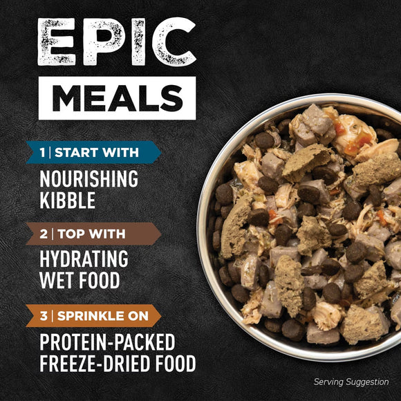 Bowl of pet food with text on a dark background
