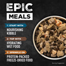 Dog food mix in a bowl with text on a dark background