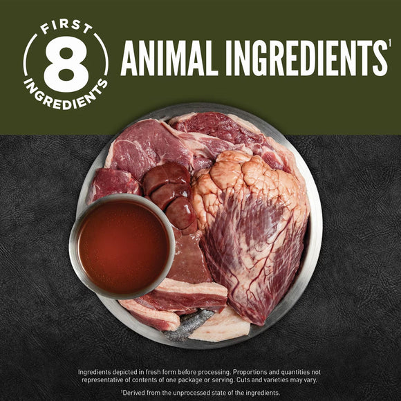Raw animal ingredients on a plate with a bowl of blood, branded as 'First 8 Ingredients'.