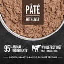 Pet food páté with liver in a bowl, labeled 'Páté with Liver' from Wholeprey Diet.