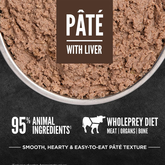 Pet food páté with liver in a bowl, labeled 'Páté with Liver' from Wholeprey Diet.