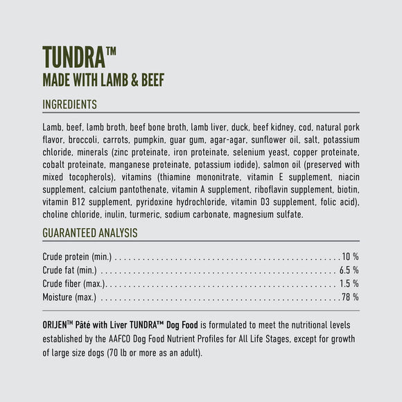 Ingredients and guaranteed analysis for Tundra dog food made with lamb and beef.
