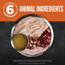 Raw animal ingredients including chicken, liver, and heart on a dark surface with an orange banner displaying 'First 6 Ingredients'.
