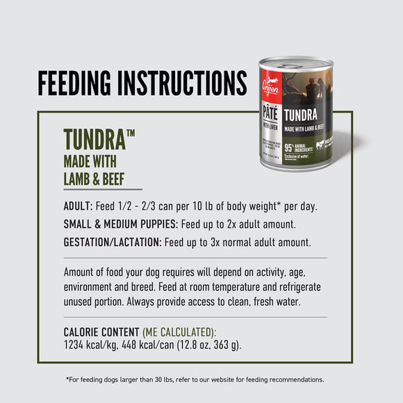 Can of Tundra dog food with feeding instructions on a white background