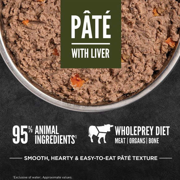 Pet food páté with liver in a bowl on a dark background, featuring Wholeprey Diet branding.