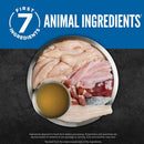 Raw animal ingredients including meat and bones on a dark surface with 'First 7 Ingredients' logo.