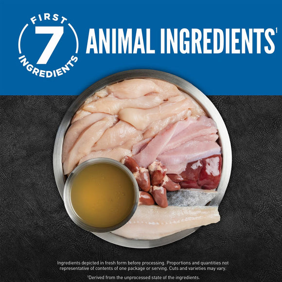Raw animal ingredients including meat and bones on a dark surface with 'First 7 Ingredients' logo.