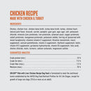 Chicken recipe dog food label with ingredients and guaranteed analysis on a white background