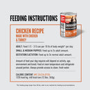 Feeding instructions for a chicken recipe dog food can on a light gray background