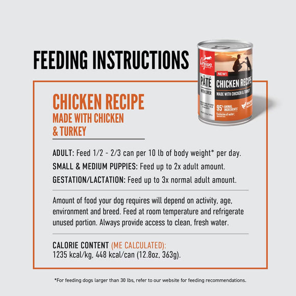Feeding instructions for a chicken recipe dog food can on a light gray background