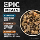Bowl of pet food with text on a dark background