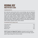 Ingredients list for Regional Red dog food made with beef and duck on a white background.