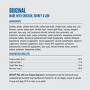 Dog food ingredient list and guaranteed analysis for Original formula with chicken, turkey, and cod.