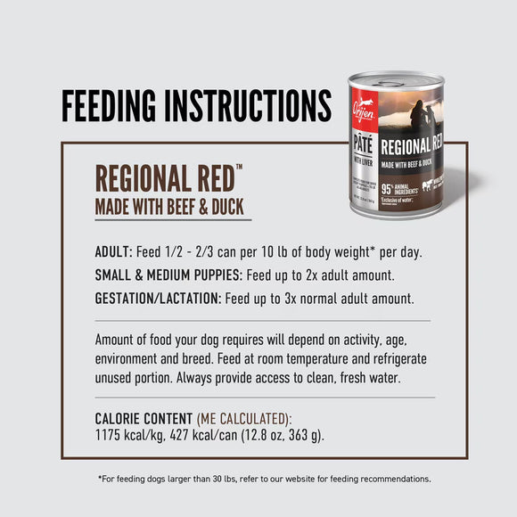 Feeding instructions for Regional Red dog food with a can of Regional Red dog food on a white background.