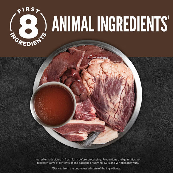 Raw animal ingredients including meat and organs on a dark background with 'First 8 Ingredients' branding.