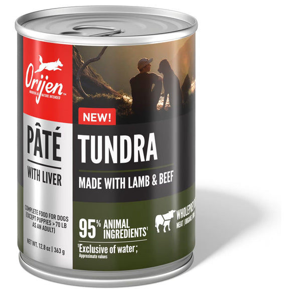 Orijen Tundra páté with lamb & beef can on a white background