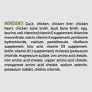 List of ingredients for a pet food product on a white background