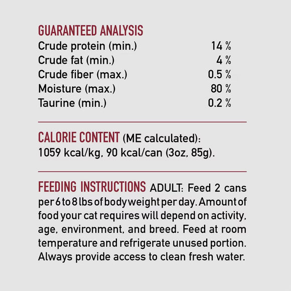 Nutritional label and feeding instructions for a pet food product on a white background.