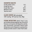 Nutritional label and feeding instructions for a pet food product on a gray background