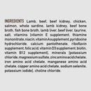 List of ingredients for a pet food product on a white background