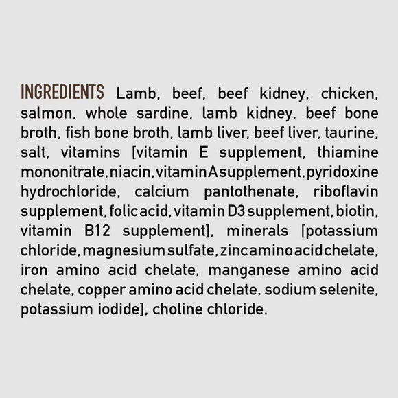 List of ingredients for a pet food product on a white background