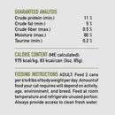 Nutritional label and feeding instructions for a pet food product on a gray background