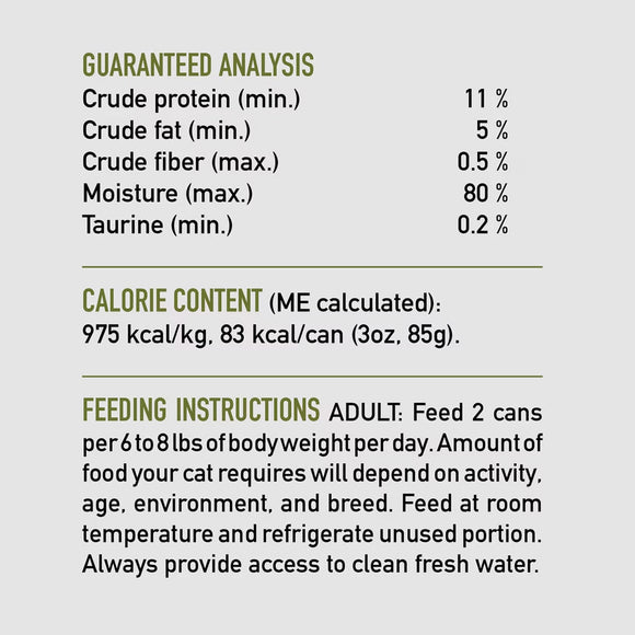 Nutritional label and feeding instructions for a pet food product on a gray background