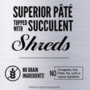 Text on a white background about pété with succulent shreds and allergen information.