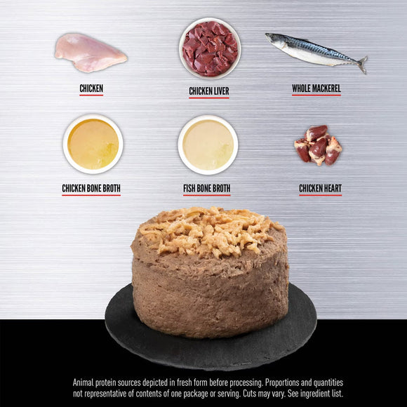Dog food product with labeled ingredients on a gray background