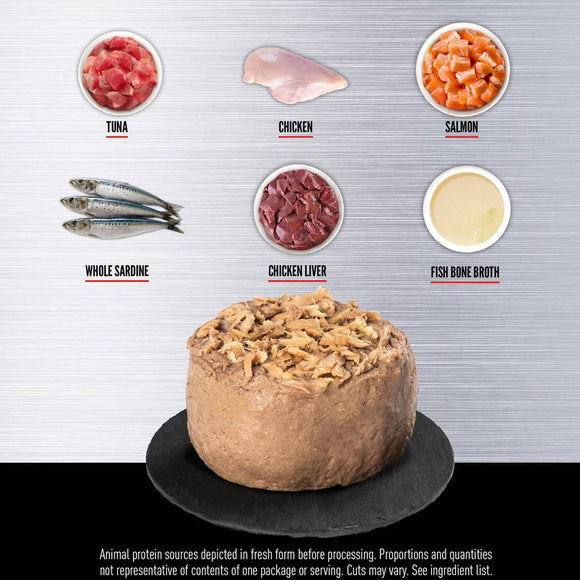 Round pet food product with labeled ingredients including tuna, chicken, salmon, whole sardine, chicken liver, and fish bone broth on a gray background.