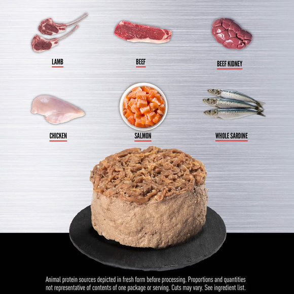 Dietary protein sources including lamb, beef, beef kidney, chicken, salmon, whole sardine, and a round pet food product.