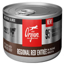 Orijen cat food can with red and brown label on a white background