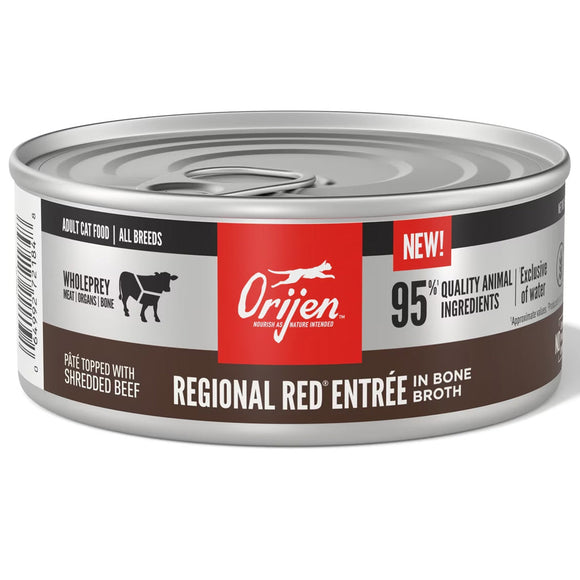 Orijen canned cat food can with 'Regional Red Entree' label on a white background