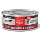 Orijen canned cat food can with tuna, salmon, and beef entree label on a white background