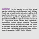 List of ingredients for a pet food product on a white background