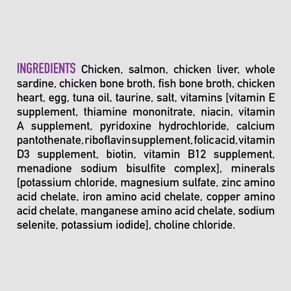 List of ingredients for a pet food product on a white background