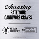 Text on a metallic background about pet food ingredients and grain-free status.