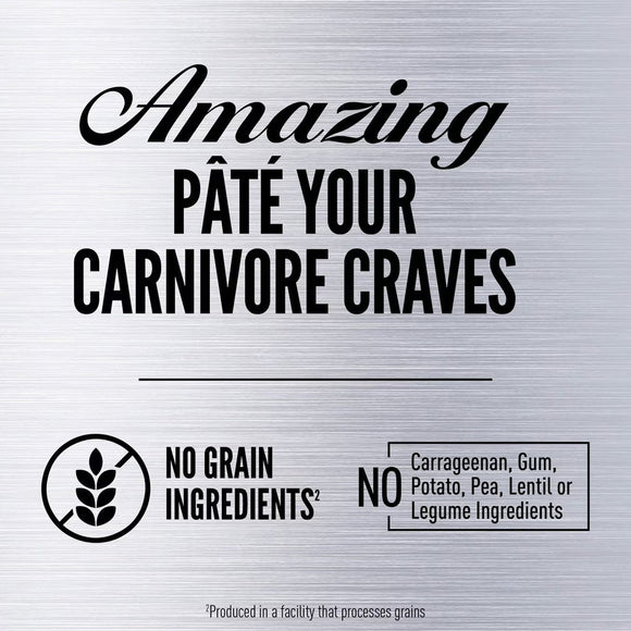 Text on a metallic background about pet food ingredients and grain-free status.