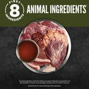 Meat and blood on a plate with 'First 8 Ingredients' text on a dark background