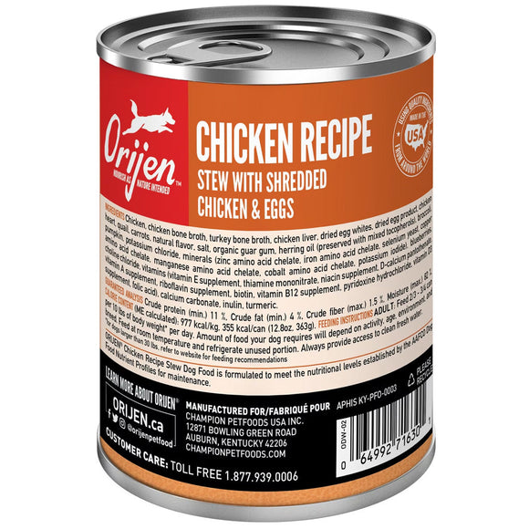 Orijen can of chicken recipe stew with shredded chicken and eggs on a white background