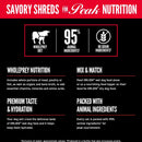 Product label for ORIJEN savory shreds with key features highlighted.