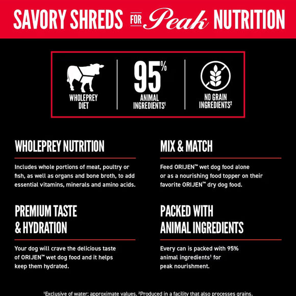 Product label for ORIJEN savory shreds with key features highlighted.
